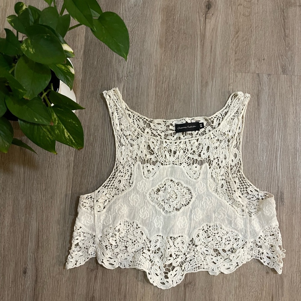 White Lace Crop Top (Size O/S)